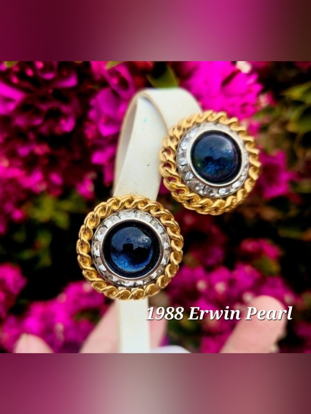 Rare Dated 1988 Erwin Pearl Faux Labradorite Clip Earrings